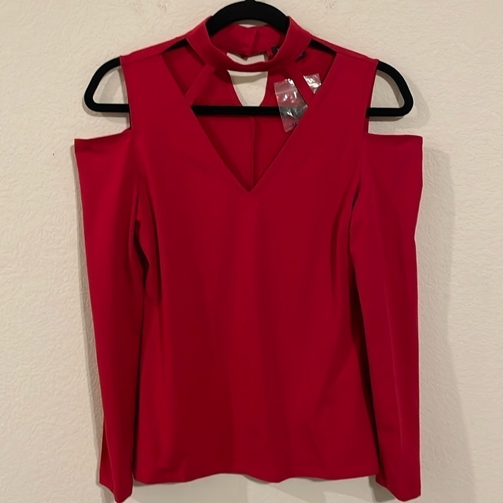Boston Proper Women's Shirt Small Red Cutout Mock Stretch Fitted Bodycon